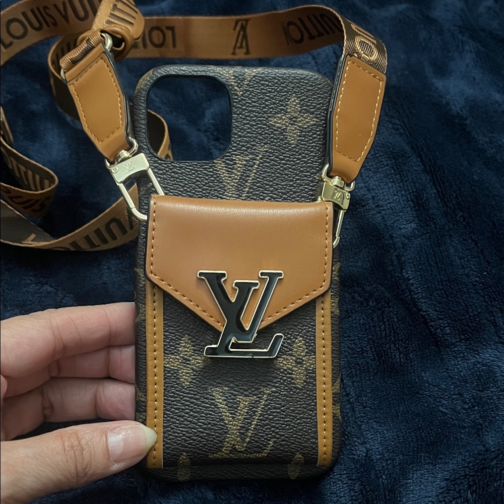 Louis Vuitton Brown Monogram & Tan Leather Crossbody Phone Pouch
